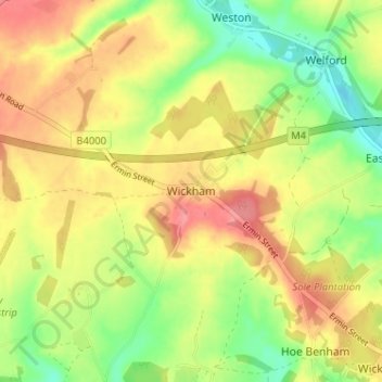 Topografinen kartta Wickham, korkeus, helpotus