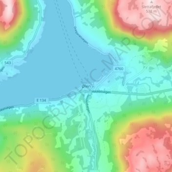 Topografinen kartta Ølen, korkeus, helpotus