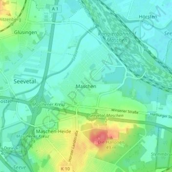 Topografinen kartta Maschen, korkeus, helpotus