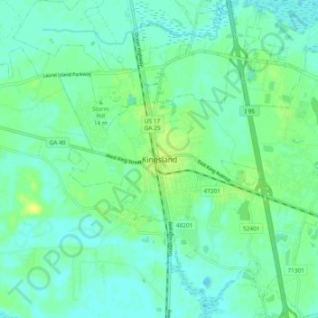 Topografinen kartta Kingsland, korkeus, helpotus