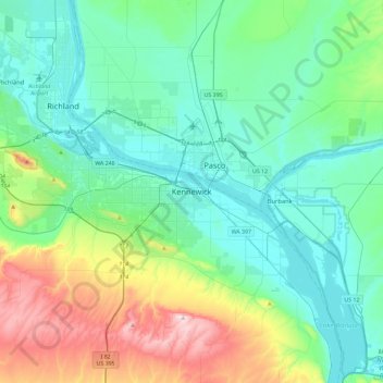 Topografinen kartta Kennewick, korkeus, helpotus