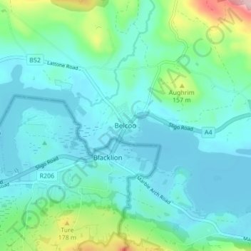 Topografinen kartta Belcoo, korkeus, helpotus
