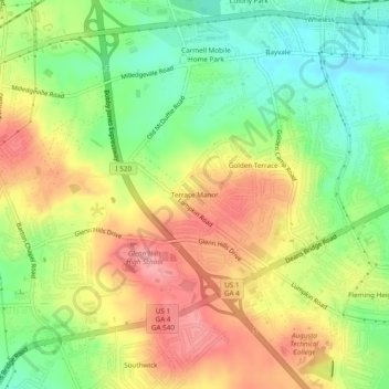 Topografinen kartta Terrace Manor, korkeus, helpotus