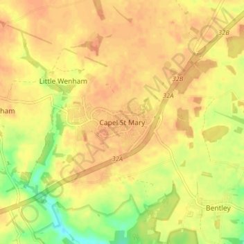 Topografinen kartta Capel St Mary, korkeus, helpotus