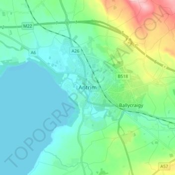 Topografinen kartta Antrim, korkeus, helpotus