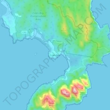 Topografinen kartta Coles Bay, korkeus, helpotus