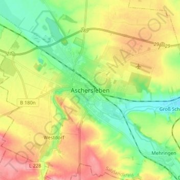 Topografinen kartta Aschersleben, korkeus, helpotus