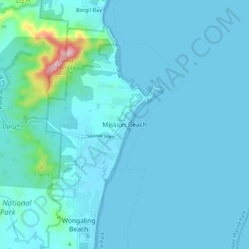 Topografinen kartta Mission Beach, korkeus, helpotus