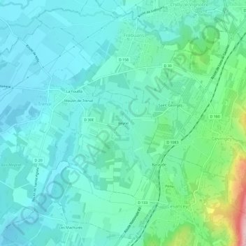Topografinen kartta Beyne, korkeus, helpotus