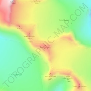 Topografinen kartta Bukkeholstindan, korkeus, helpotus