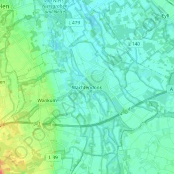 Topografinen kartta Wachtendonk, korkeus, helpotus
