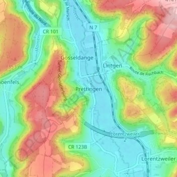 Topografinen kartta Prettingen, korkeus, helpotus