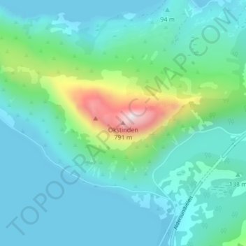 Topografinen kartta Okstinden, korkeus, helpotus