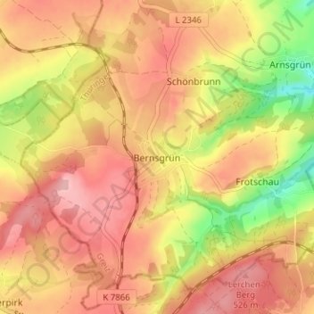 Topografinen kartta Bernsgrün, korkeus, helpotus