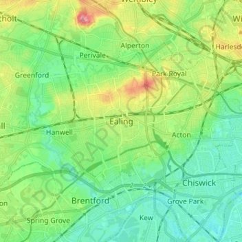 Topografinen kartta Ealing, korkeus, helpotus