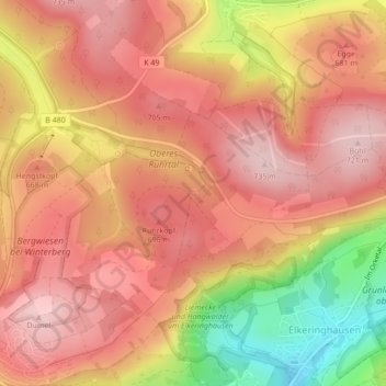 Topografinen kartta Ruhrquelle, korkeus, helpotus