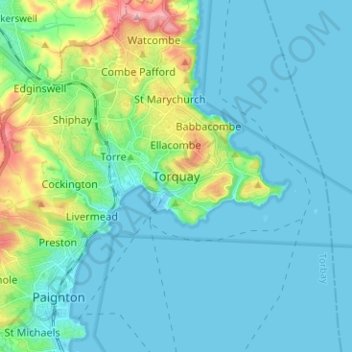 Topografinen kartta Torquay, korkeus, helpotus