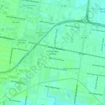 Topografinen kartta Palm Heights Colonia, korkeus, helpotus
