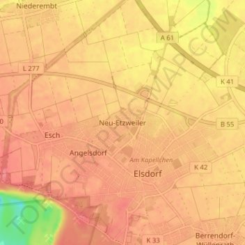 Topografinen kartta Neu-Etzweiler, korkeus, helpotus