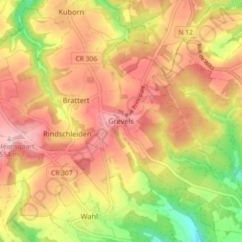 Topografinen kartta Grevels, korkeus, helpotus