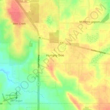 Topografinen kartta Humpty Doo, korkeus, helpotus