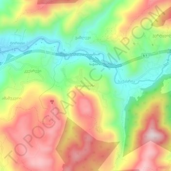 Topografinen kartta Tsikhisdziri, korkeus, helpotus