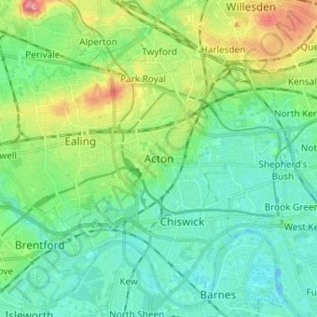 Topografinen kartta Acton, korkeus, helpotus