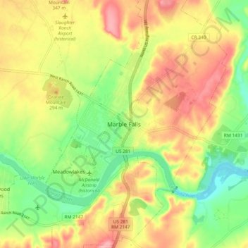 Topografinen kartta Marble Falls, korkeus, helpotus