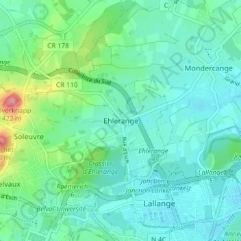 Topografinen kartta Ehlerange, korkeus, helpotus