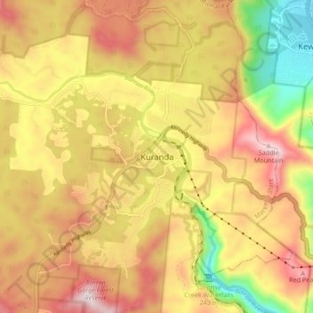 Topografinen kartta Kuranda, korkeus, helpotus