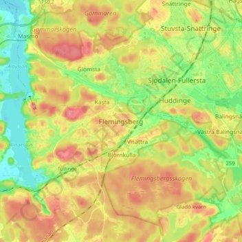 Topografinen kartta Flemingsberg, korkeus, helpotus