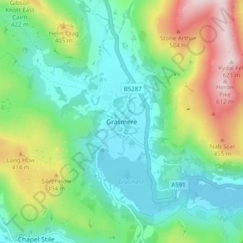 Topografinen kartta Grasmere, korkeus, helpotus