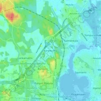 Topografinen kartta Kärenkulma, korkeus, helpotus