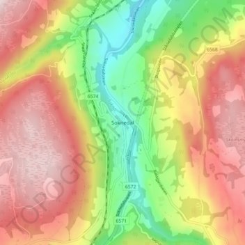 Topografinen kartta Soknedal, korkeus, helpotus