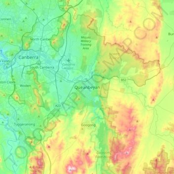 Topografinen kartta Queanbeyan, korkeus, helpotus