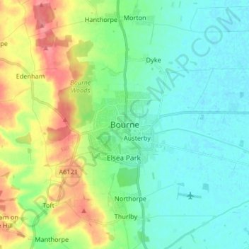 Topografinen kartta Bourne, korkeus, helpotus