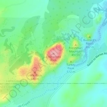 Topografinen kartta Enchanted Rock, korkeus, helpotus