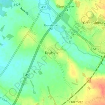 Topografinen kartta Eastington, korkeus, helpotus