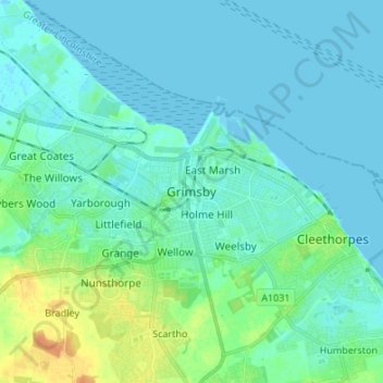 Topografinen kartta Grimsby (Royaume-Uni), korkeus, helpotus