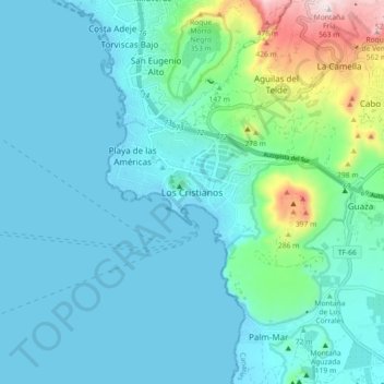 Topografinen kartta Los Cristianos, korkeus, helpotus