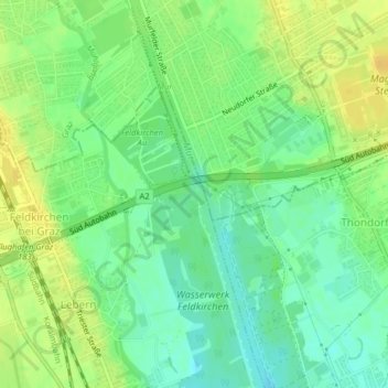 Topografinen kartta Grazer Becken, korkeus, helpotus