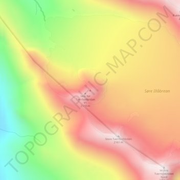 Topografinen kartta Vestre Tverrbottinden, korkeus, helpotus