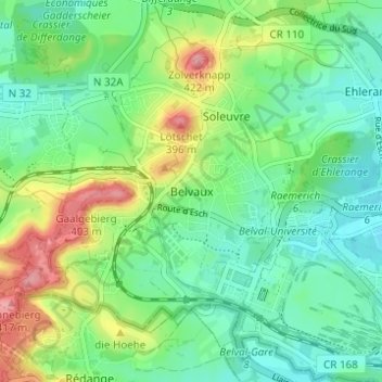 Topografinen kartta Belvaux, korkeus, helpotus