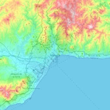 Topografinen kartta Málaga, korkeus, helpotus
