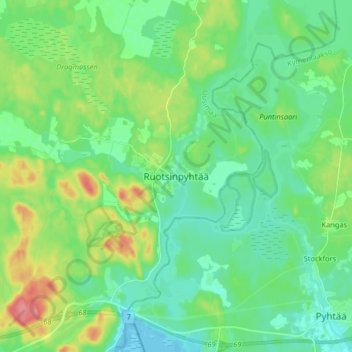 Topografinen kartta Ruotsinpyhtää, korkeus, helpotus