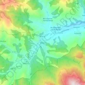 Topografinen kartta Štrpce, korkeus, helpotus