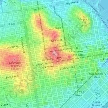 Topografinen kartta Nob Hill, korkeus, helpotus