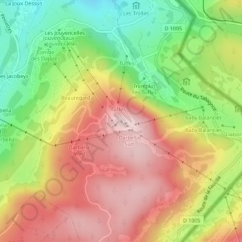Topografinen kartta Les Tuffes, korkeus, helpotus