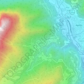 Topografinen kartta Contùra, korkeus, helpotus