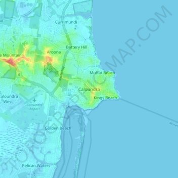 Topografinen kartta Caloundra, korkeus, helpotus